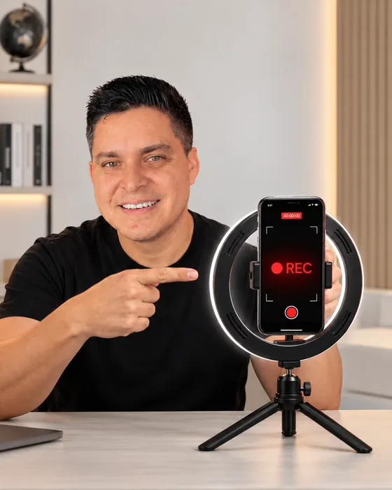 Eri sorrindo e apontando para o celular gravando